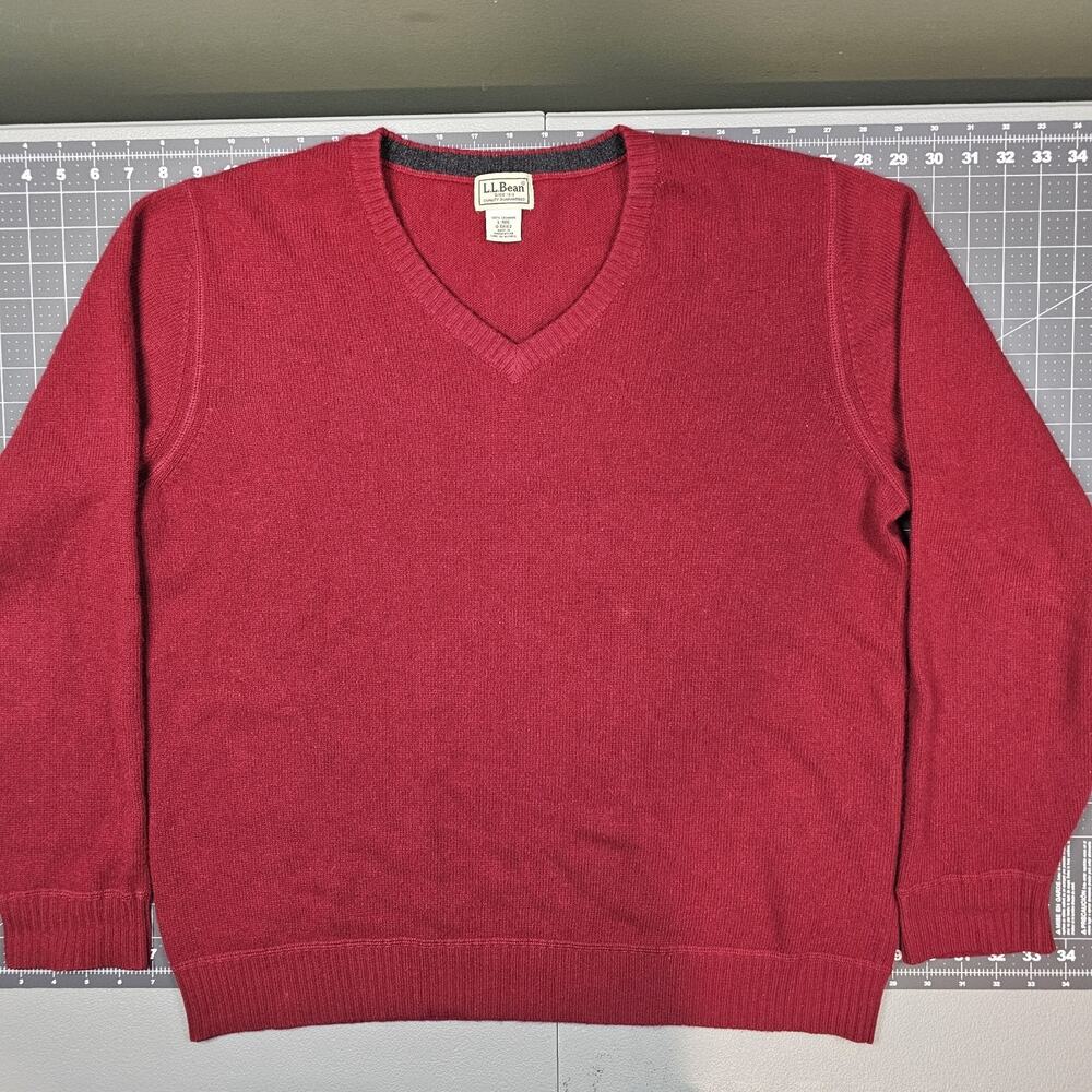 LL Bean 100% Cashmere Sweater Mens Large Burgundy Red V Neck Essential Preppy
